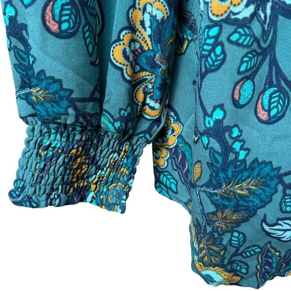 Denim & Co. Floral Blouse Plus Size 1X Teal Blue Long Sleeve Womens Top Pullover - Picture 6 of 8